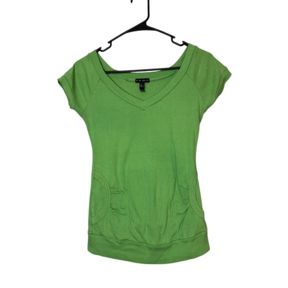 Y2K Vntg F.A.N.G Green Top V-Neck Short Sleeve Casual Everyday Top with Pockets